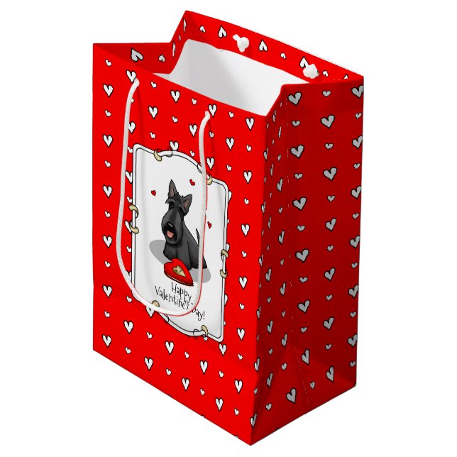 Valentinstag (rot) Schottischer Hund (schwarz) Nie Mittlere Geschenktüte (Vorderseite Schrägansicht)