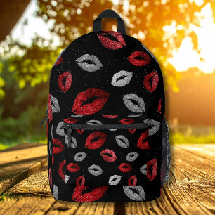 Valentinstag Rot Silber Glitter Lippen auf Schwarz Bedruckter Rucksack