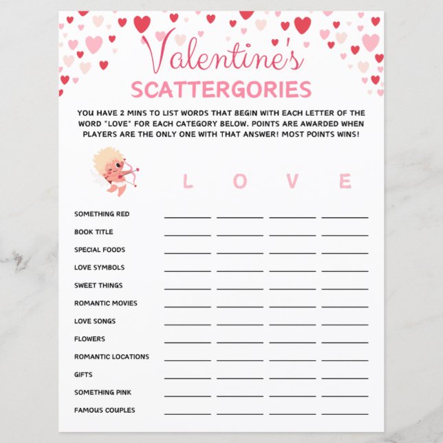 Valentinstag Scattergories Game (Vorderseite)