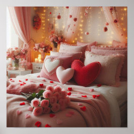 Valentinstag-Schlafzimmer dekoriert mit Herzen auf Poster