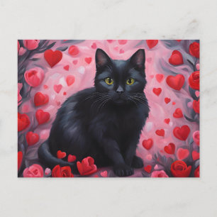Valentinstag-Schwarze Katze mit Herzen und Rosen  Feiertagspostkarte