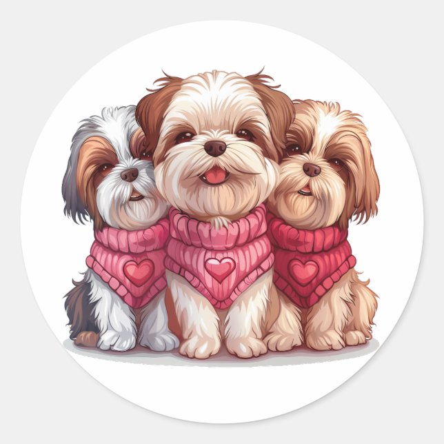Valentinstag Shih Tzu Dogs Runder Aufkleber (Vorderseite)