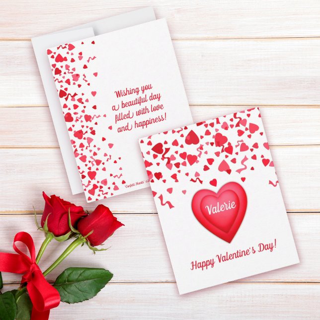 Valentinstag Spaß Red Confetti Herzen Mitteilungskarte (Happy Valentine's Day Personalized Flat Note Card with fun red confetti hearts design
)