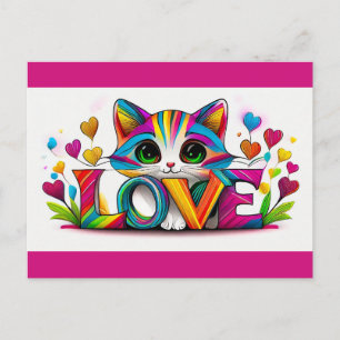 Valentinstag Süße Katze Regenbogen Liebe Herzen Postkarte