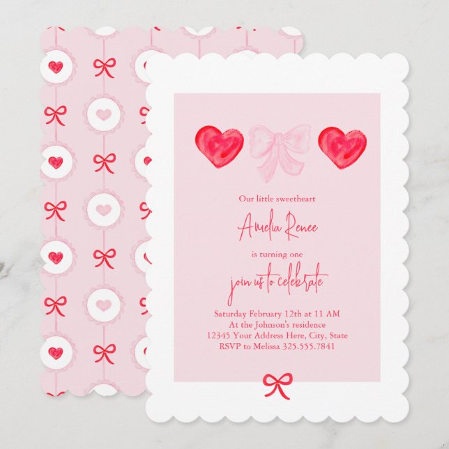 Valentinstag Sweetheart Erster Geburtstag Einladung (Vorne/Hinten)