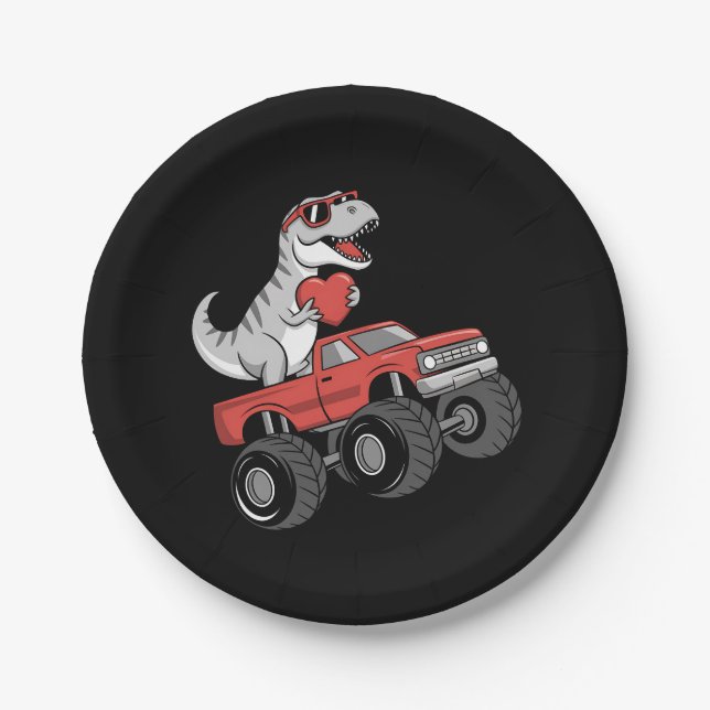 Valentinstag T Rex Dinosaurier Riding Monster Truc Pappteller (Vorderseite)