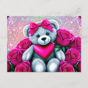 Valentinstag Teddybär mit Rose Feiertagspostkarte