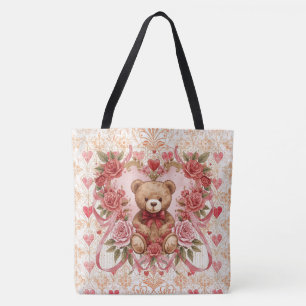 Valentinstag, Teddybär, rosa Herz und Blume Tasche