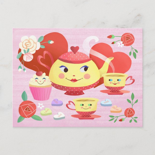 Valentinstag Vintag Teapot Tea Set Postkarte (Vorderseite)