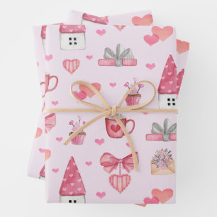 Valentinstag Wasserfarbenmuster rosa Geschenkpapier Set