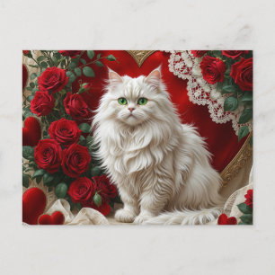 Valentinstag Weiße Persische Katze mit Rose Feiertagspostkarte