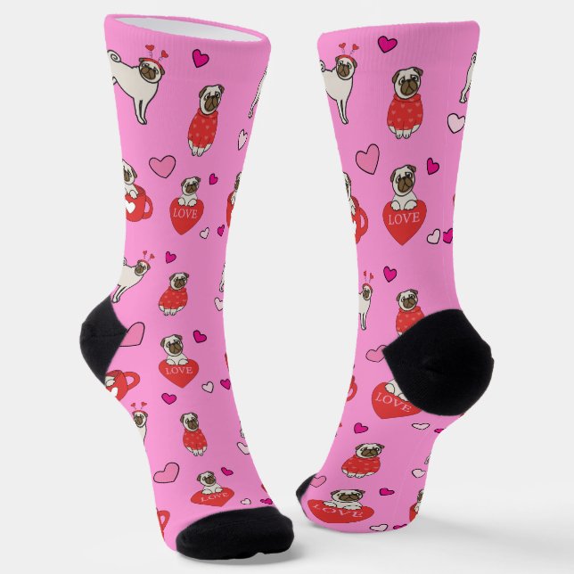 Valentinstag Weißer MOPS Rosa Hunde Herz Socken (Gewinkelt)