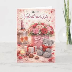 Valentinstagskarte – Romantischer Teddybär und Ros Karte