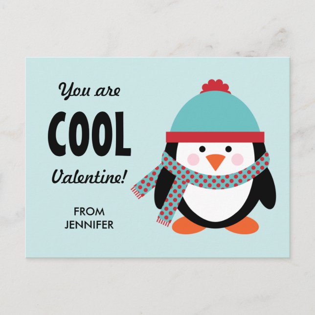 Valentintagskarte für Kinder - Cooler Pinguin Feiertagspostkarte (Vorderseite)
