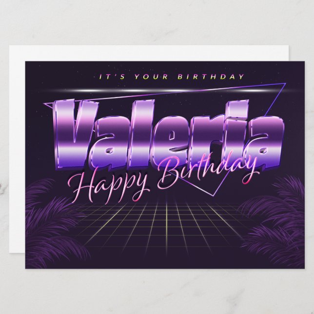 Valeria Nom carte rétro lilas anniversaire (Devant / Derrière)