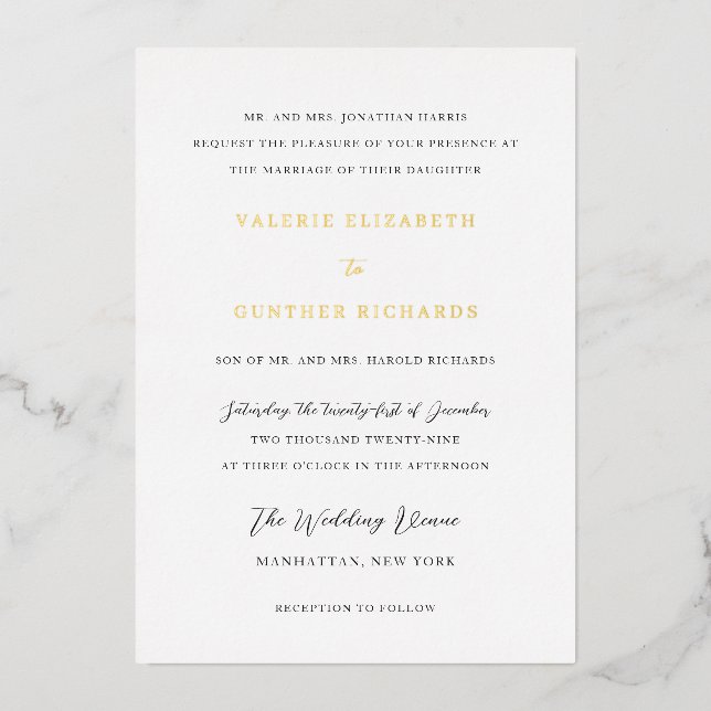 Valerie Traditionelle Hochzeit Folieneinladung (Vorderseite)