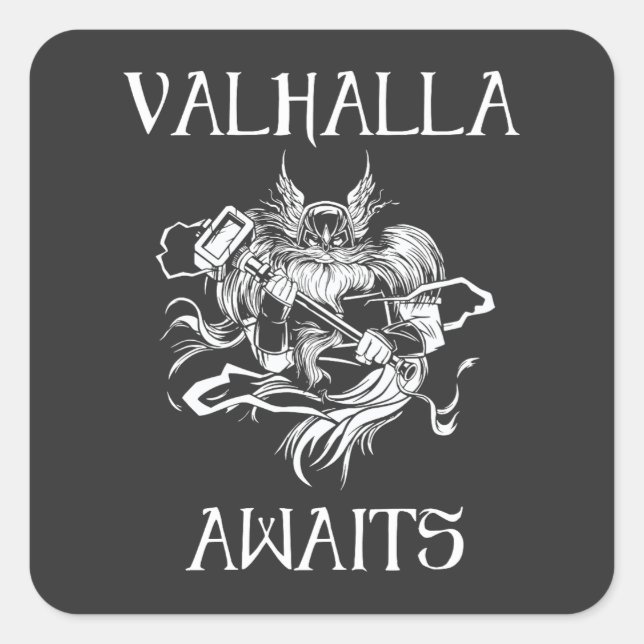 Valhalla Awaits Quadratischer Aufkleber (Vorderseite)