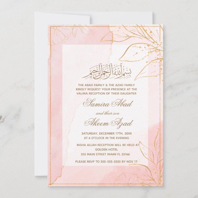 Valima Nikah Zeremonie Hochzeit Einladung Pink Gol (Vorderseite)