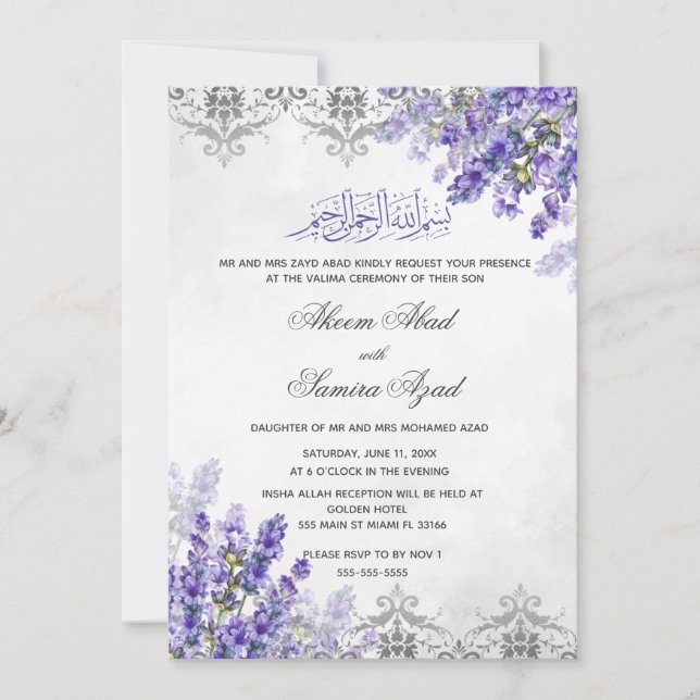 Valima Zeremonie Hochzeit Einladung Lavenders (Vorderseite)