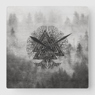 Valknut and Tree of Life Yggdrasil Quadratische Wanduhr
