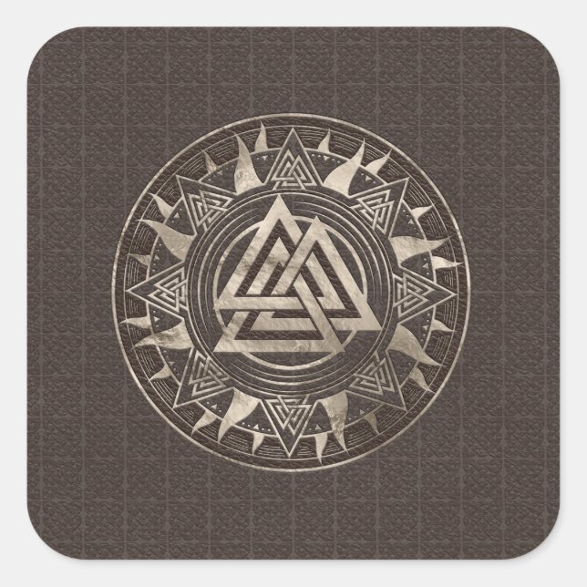 Valknut Symbol - Braunes Leder und Gold Quadratischer Aufkleber (Vorderseite)