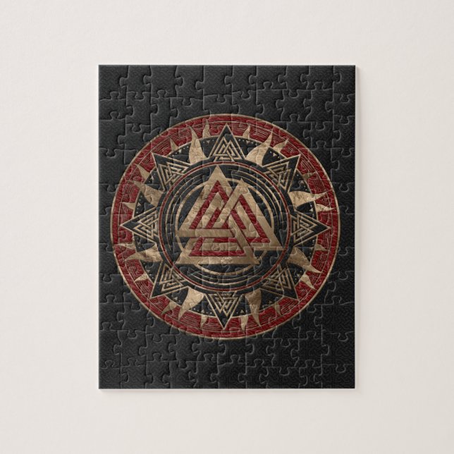 Valknut Symbol-schwarzes und rotes Leder und Gold (Vertikal)