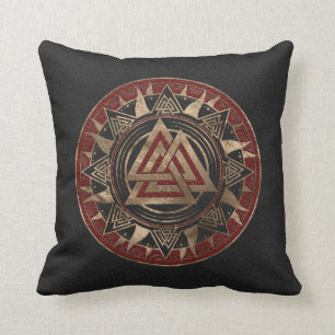 Valknut Symbol-schwarzes und rotes Leder und Gold Kissen