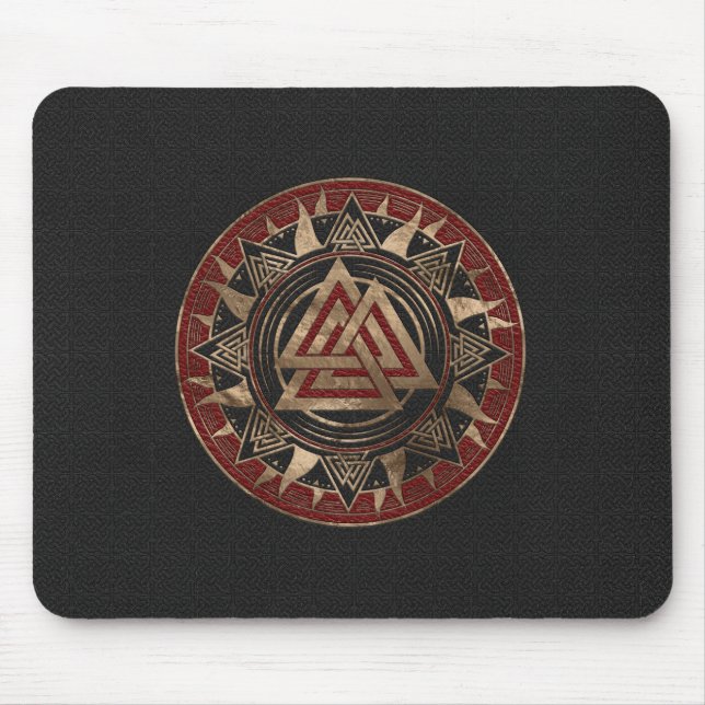 Valknut Symbol-schwarzes und rotes Leder und Gold Mousepad (Vorne)