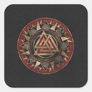 Valknut Symbol-schwarzes und rotes Leder und Gold Quadratischer Aufkleber