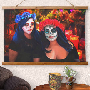 Vallarta Catrinas mit Blume & Kerzen 1718 Wandteppich Mit Holzrahmen