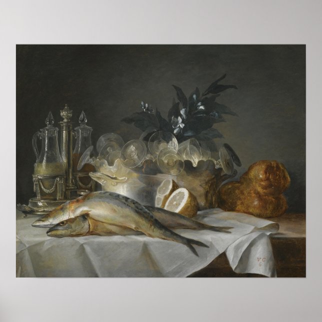 Vallayer-Coster - Stillleben mit Makrele, Brot Poster (Vorne)