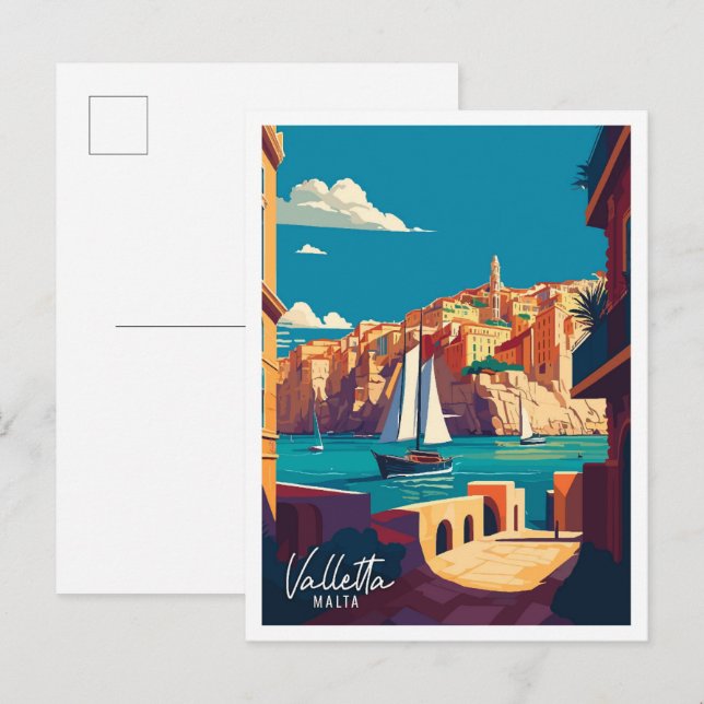 Valletta Malta Art Vintage Illustration Postkarte (Vorne/Hinten)