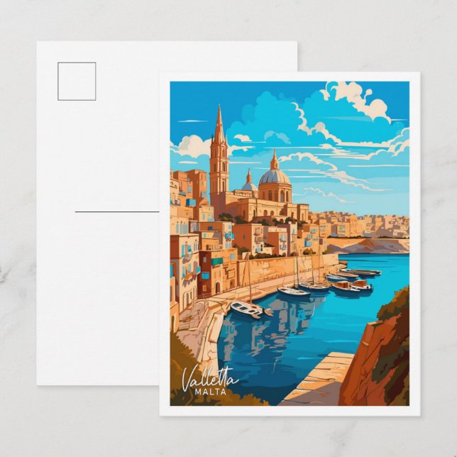 Valletta Malta Reisen Vintage Abbildung Postkarte (Vorne/Hinten)