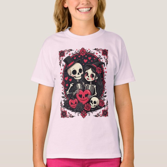 Valloween Loving Skeleton Couple T-Shirt (Vorderseite)