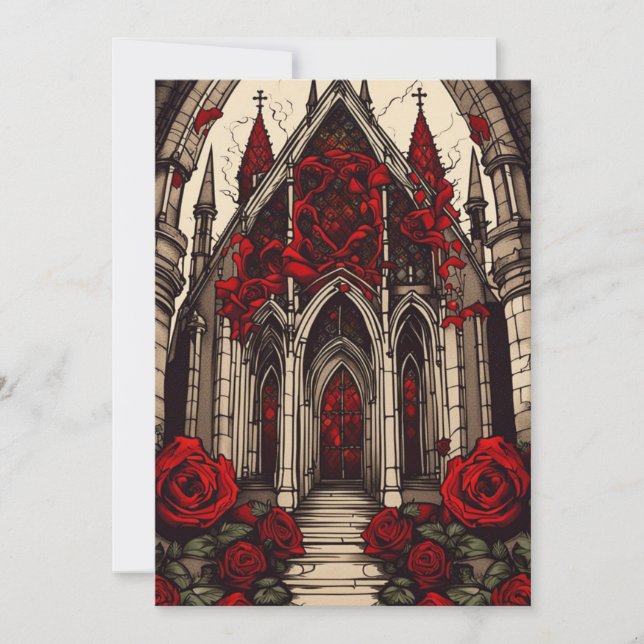 Vampir Kathedrale und Rose Gotische Hochzeit Einladung (Vorderseite)