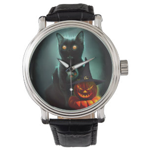 Vampire Cat and Wizard Pumpkin Halloween Surreal Armbanduhr