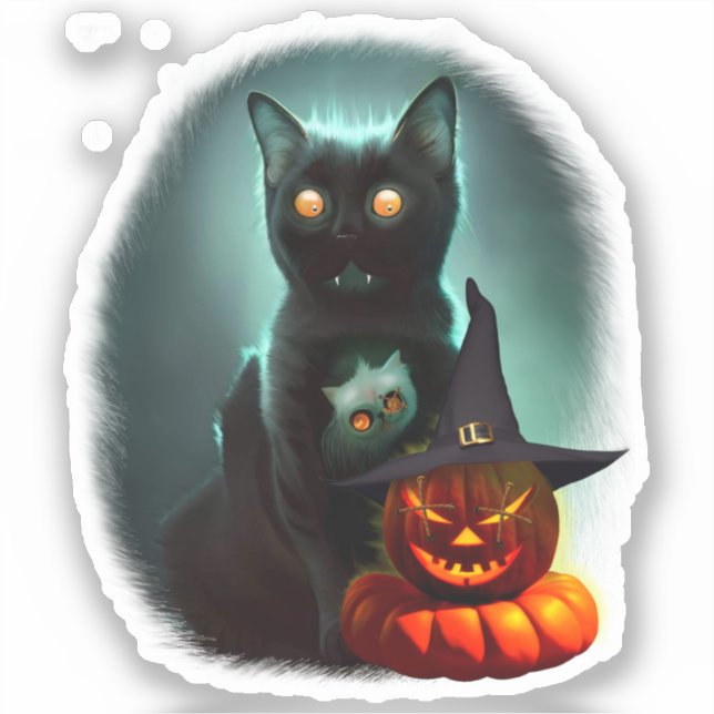 Vampire Cat and Wizard Pumpkin Halloween Surreal Aufkleber (Vorderseite)