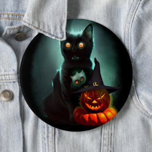 Vampire Cat and Wizard Pumpkin Halloween Surreal Button