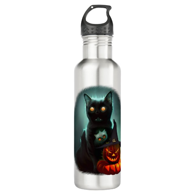 Vampire Cat and Wizard Pumpkin Halloween Surreal Edelstahlflasche (Vorderseite)