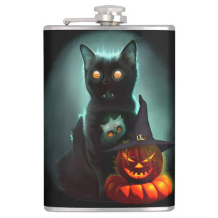 Vampire Cat and Wizard Pumpkin Halloween Surreal Flachmann