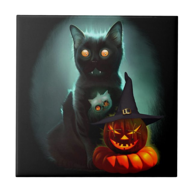 Vampire Cat and Wizard Pumpkin Halloween Surreal Fliese (Vorderseite)