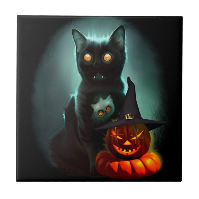 Vampire Cat and Wizard Pumpkin Halloween Surreal Fliese (Vorderseite)