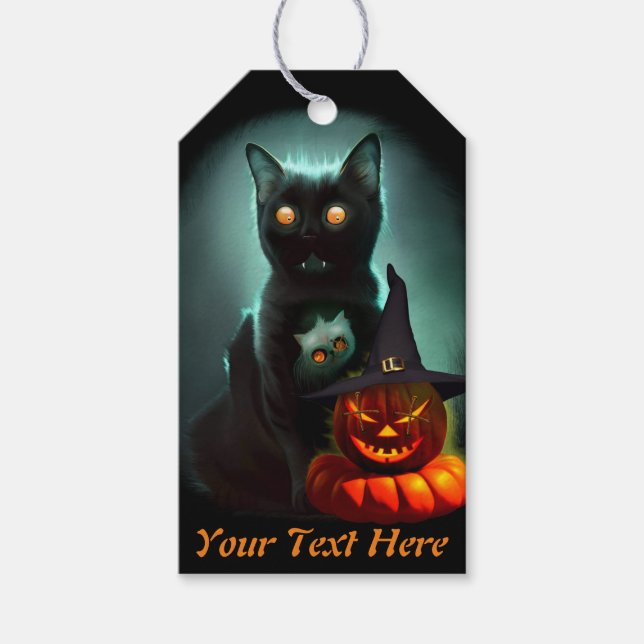 Vampire Cat and Wizard Pumpkin Halloween Surreal Geschenkanhänger (Vorderseite)