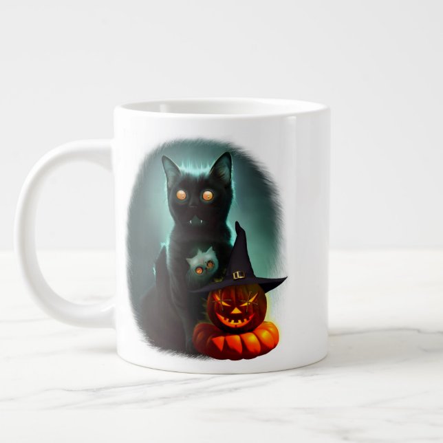 Vampire Cat and Wizard Pumpkin Halloween Surreal Jumbo-Tasse (Links)