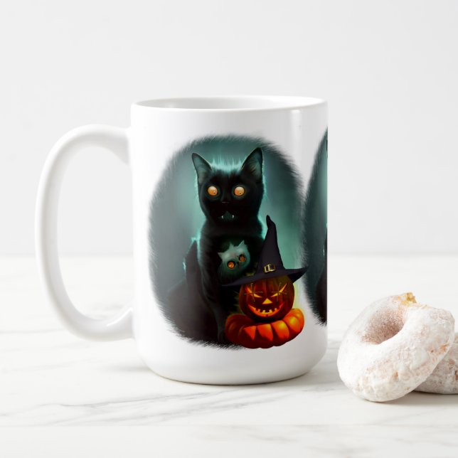 Vampire Cat and Wizard Pumpkin Halloween Surreal Kaffeetasse (Mit Donut)