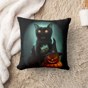 Vampire Cat and Wizard Pumpkin Halloween Surreal Kissen