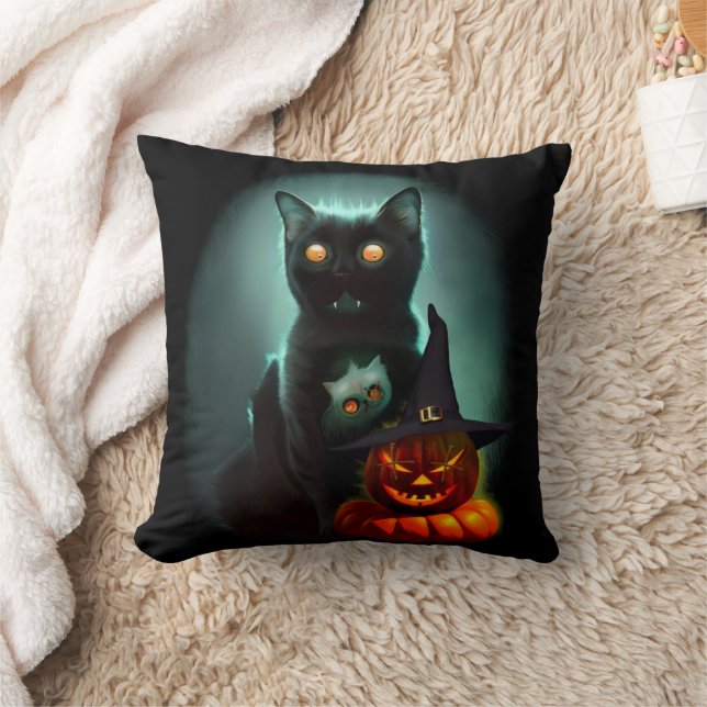 Vampire Cat and Wizard Pumpkin Halloween Surreal Kissen (Decke)