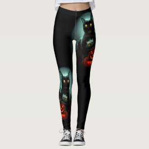 Vampire Cat and Wizard Pumpkin Halloween Surreal Leggings