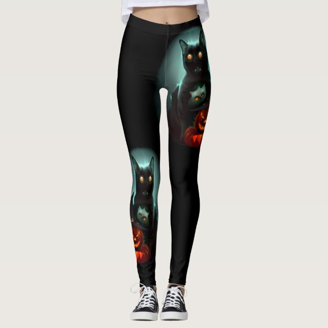 Vampire Cat and Wizard Pumpkin Halloween Surreal Leggings (Vorderseite)