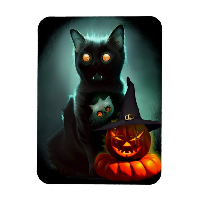 Vampire Cat and Wizard Pumpkin Halloween Surreal Magnet (Vertikal)